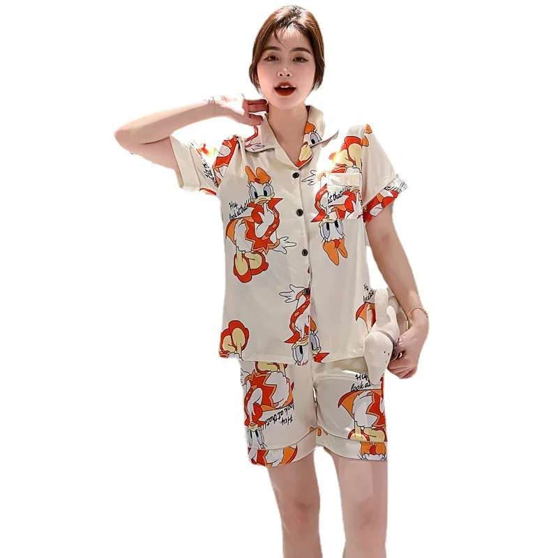 Summer Pajamas for Women Ice Silk Short-sleeved Shorts Cardigan Women's Pajamas Lapel Cartoon Ladies Home Service Suit