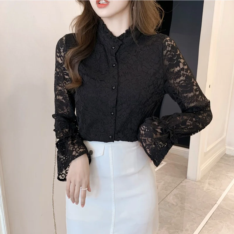 Autumn Women's Blouses Korean Fashion Womens Stand Collar Shirt Long Sleeve Lace Hollow Top Blusas Mujer De Moda
Autumn Women's Blouses Korean Fashion Womens Stand Collar Shirt Long Sleeve Lace Hollow Top Blusas Mujer De Moda