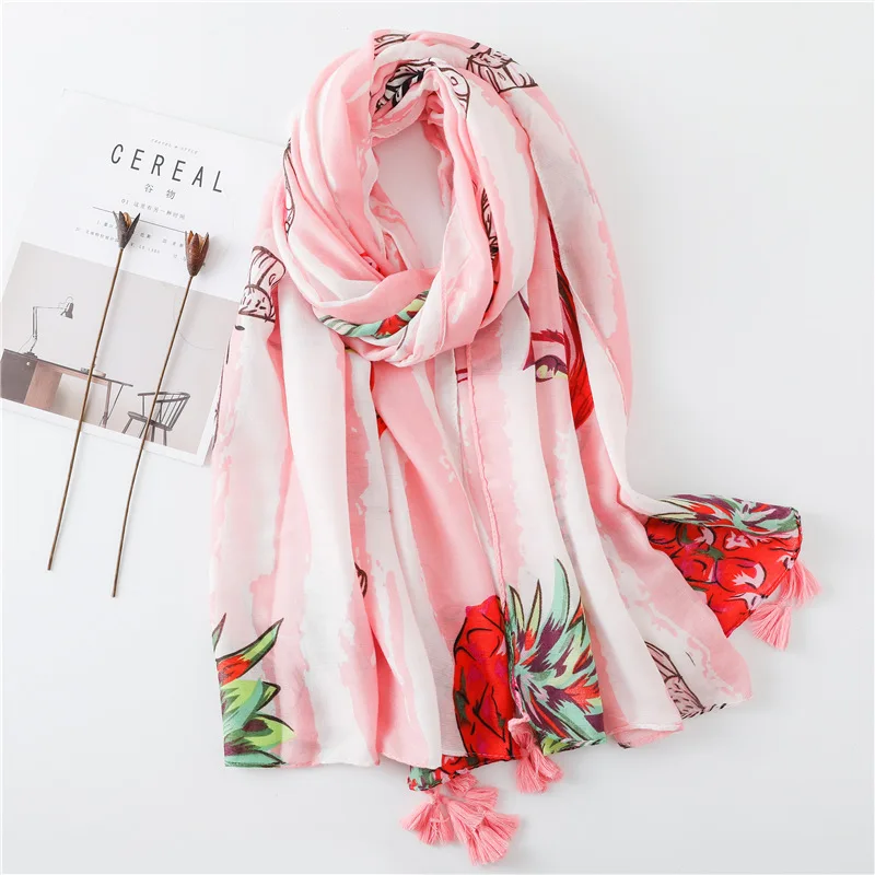 

Шелковые шарфы с розовым принтом, Женский Осенний пляжный солнцезащитный шарф, новый стиль, шаль из хлопка и льна, 2021