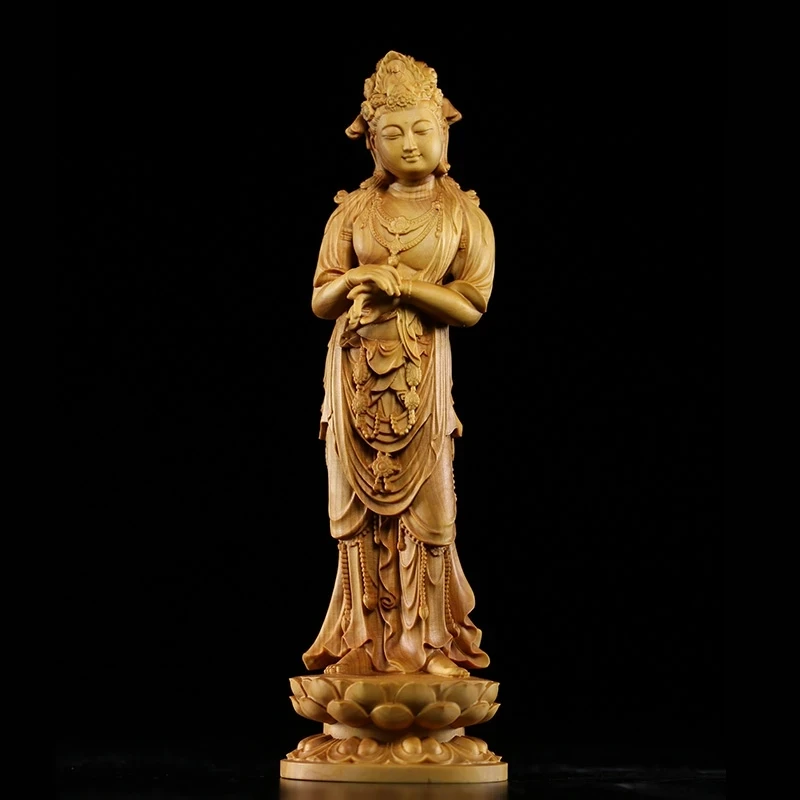 

20CM Guanyin Bodhisattva Statue Traditional Craft Huangyang Wood Carving Craft Boutique BoguTang Dynasty Style Buddha Decoration