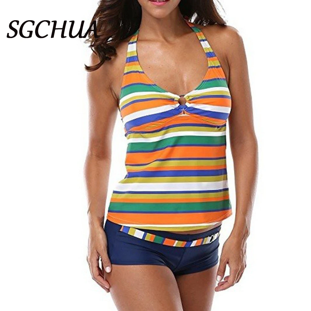

Plus Size Two Piece Swimsuit Striped Swimwear Women Shorts Tankini Push Up Swimsuit Modest Style Bathing Suit High Waist Beach