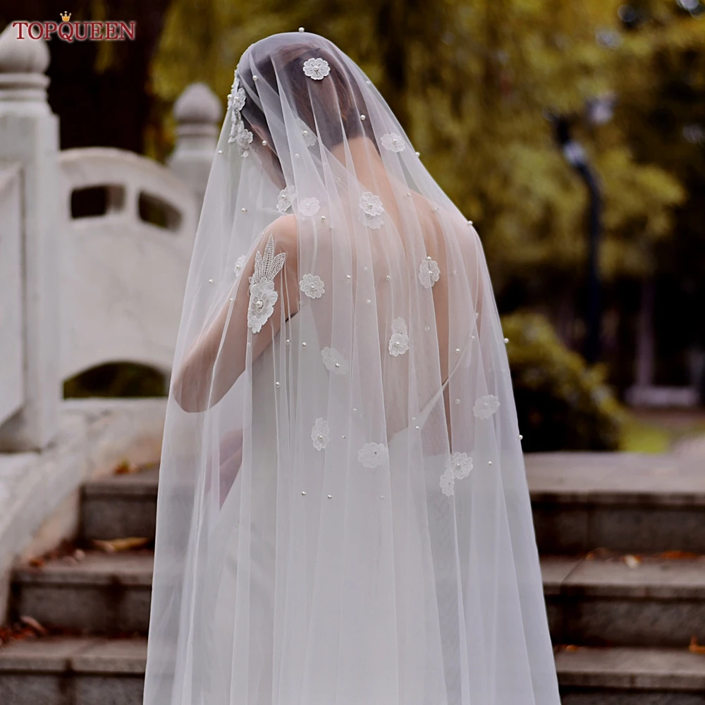 

TOPQUEEN V61 Bridal Veils 2 Tier Wedding Pearls Veil 3D Flowers Applique Cathedral Drop Long Blusher Veil Cover Front and Back