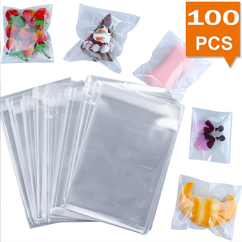 

100pcs/Lot Transparent Self Adhesive Seal OPP Plastic Cellophane Bags Gifts Bag Pouch Jewelry Packaging/Cookie Candy Bags