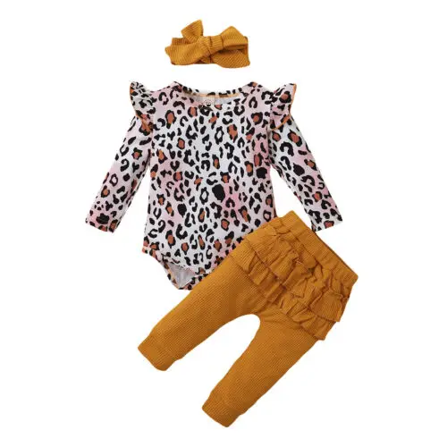 Newborn 3Pcs Outwear Suits Infant Toddler Girls Outfits Long Sleeve Leopard Romper Top + Ruffle Long Pant + Bow Headband
Newborn 3Pcs Outwear Suits Infant Toddler Girls Outfits Long Sleeve Leopard Romper Top + Ruffle Long Pant + Bow Headband