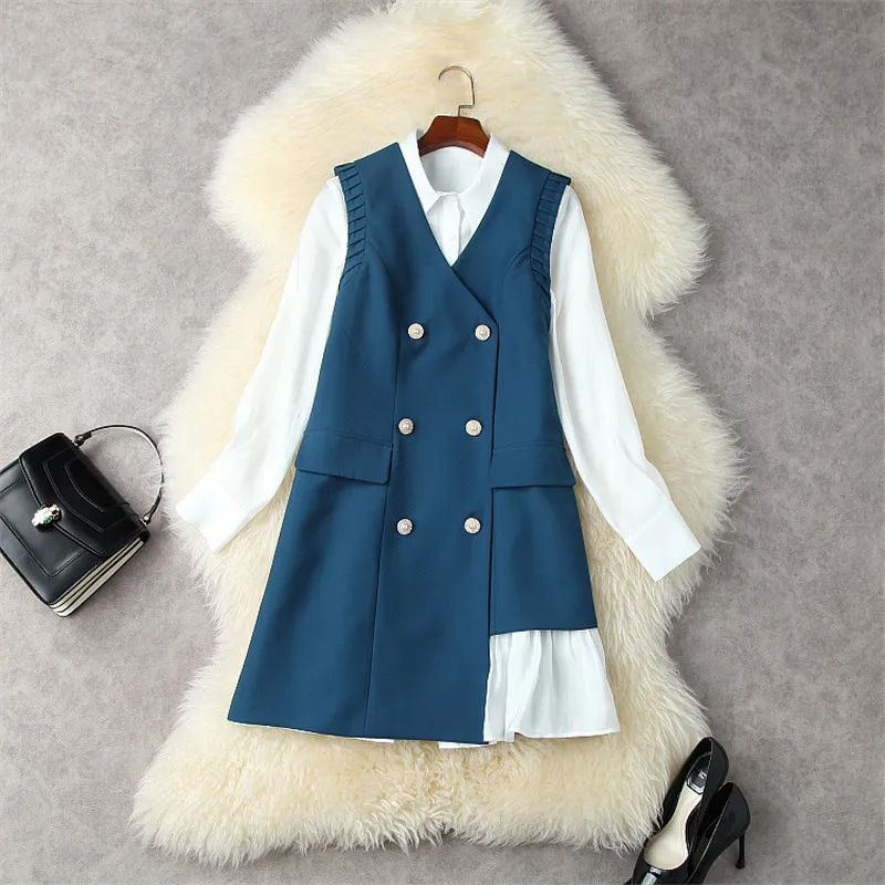 Autumn 2021 Women Office 2 Piece Outfits Designer Ruffles Double Breasted Vest + White Shirt Dress Suits Elegant Party Sets Blue
Autumn 2021 Women Office 2 Piece Outfits Designer Ruffles Double Breasted Vest + White Shirt Dress Suits Elegant Party Sets Blue