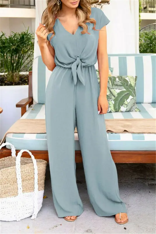 Women V-neck Short Sleeve Backless High Waist Jumpsuit Wide Leg Long Overalls Casual Loose Summer Boho Holiday Beach Jumpsuits 
Women V-neck Short Sleeve Backless High Waist Jumpsuit Wide Leg Long Overalls Casual Loose Summer Boho Holiday Beach Jumpsuits