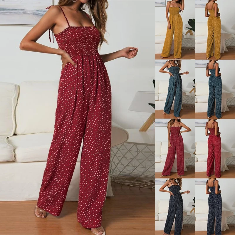 Женский Летний комбинезон в горошек с высокой талией, комбинезон в стиле бохо на тонких бретельках, широкие брюки, комбинезон 
Женский Летний комбинезон в горошек с высокой талией, комбинезон в стиле бохо на тонких бретельках, широкие брюки, комбинезон