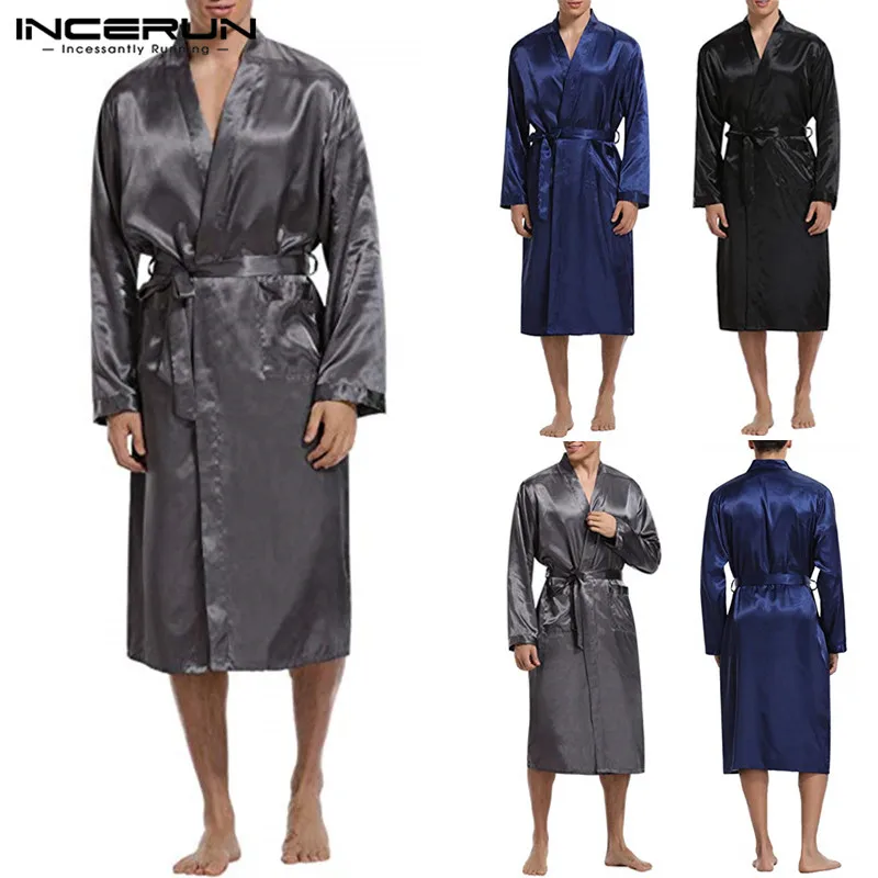 Пижама INCERUN Мужская шелковая атласная однотонная одежда для сна с длинным