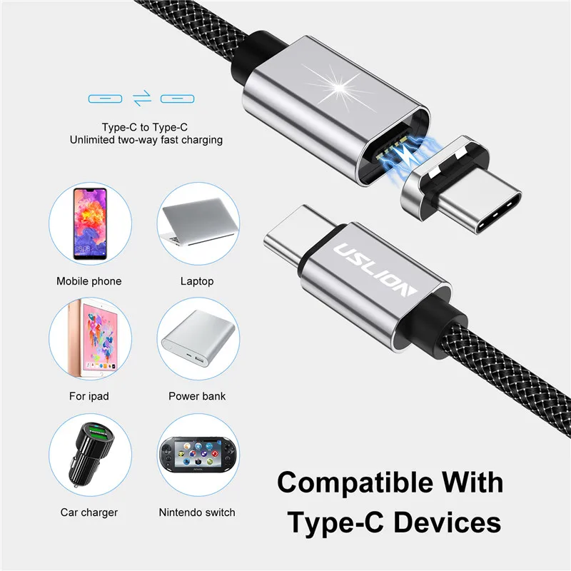 Магнитный кабель USLION 5A USB Type C к для MacBook 100 Вт PD Сверхбыстрая зарядка USB-C Type-C провод