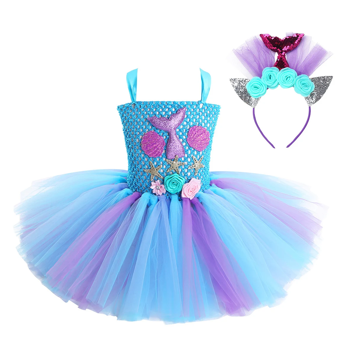 

Kids Girls Mermaid Cosplay Costumes Outfit Mermaid Tail Scallop and Starfish Applique 3D Flower Mesh Tutu Dress with Hair Hoop