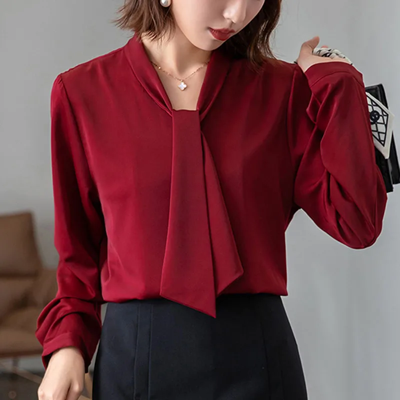 

New Ribbon Shirt Feminine Satin Drape Long Sleeve Top Wine Red Dark Green Black V-neck Solid Color Elegantes Chiffon Blouse 2638