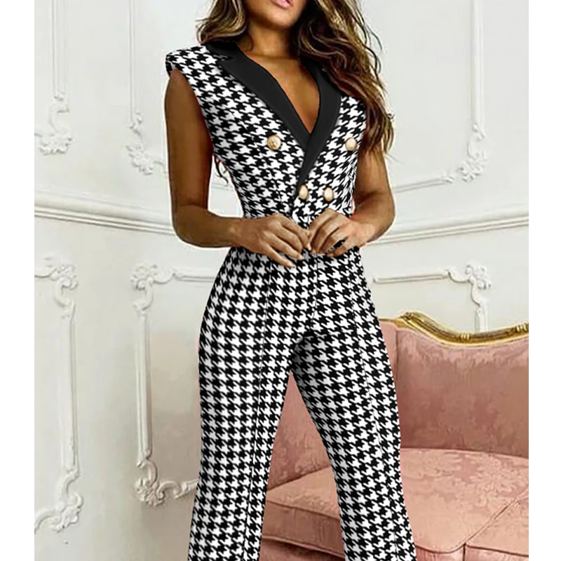 Mandylandy Sleeveless Jumpsuts Women V-neck High Wasit Houndstooth Jumpsuit Slim Fits Straight Long Pants Jumpsuits Fashion
Mandylandy Sleeveless Jumpsuts Women V-neck High Wasit Houndstooth Jumpsuit Slim Fits Straight Long Pants Jumpsuits Fashion
