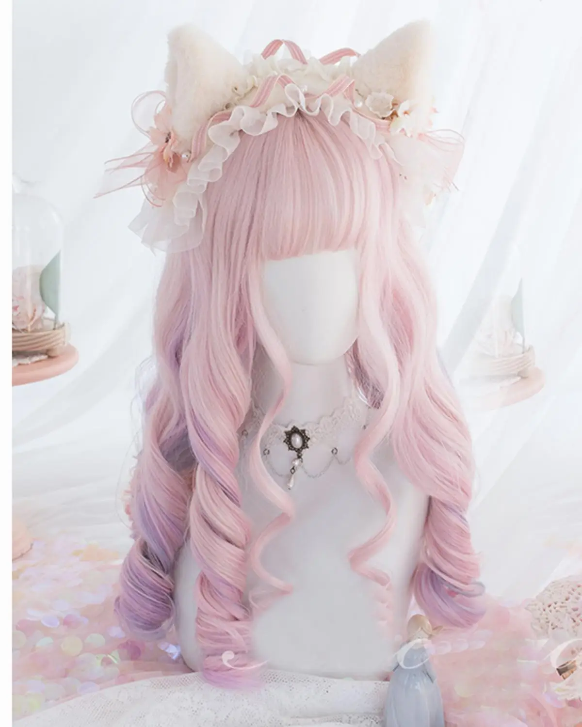 

CosplayMixLolita 50CM Purple Pink Bangs Cosplay Wig Popular Long Curly Women Heat Resistant Synthetic Hair+Free Cap