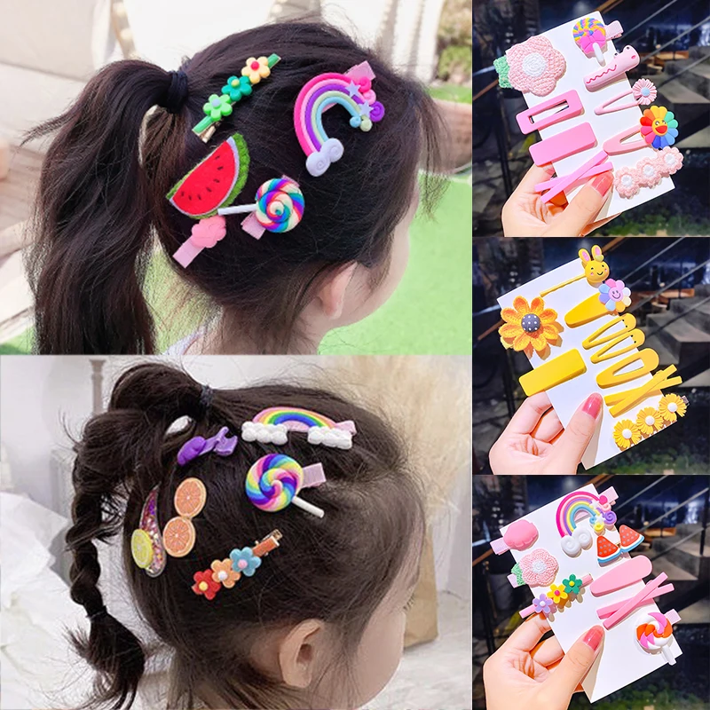 8/9/10pcs/Set Sweet Hair Ornament Hair Clips New Girls Cute Cartoon Barrettes Flower Geometric Hairpins Fashion Hair Accessories