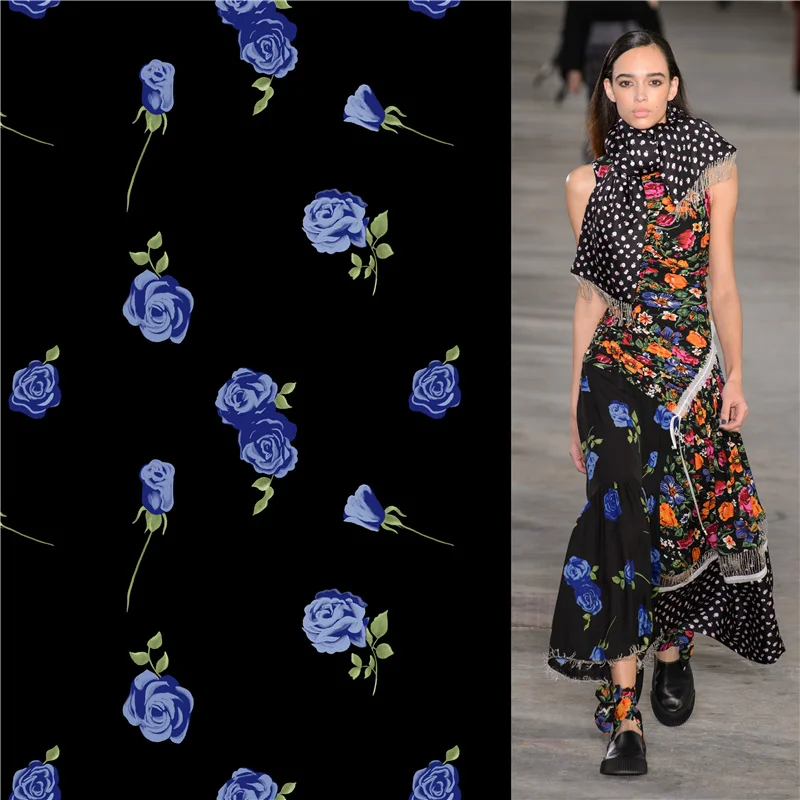 Polyester satin dress high-end blue rose pattern custom fashion floral printed cloth diy patchwork 054
Polyester satin dress high-end blue rose pattern custom fashion floral printed cloth diy patchwork 054