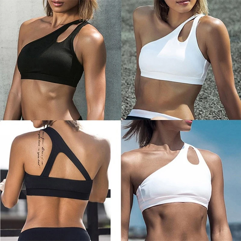 Women Push Up Fitness Bras One-Shoulder Shockproof Fitness Athletic Vest Tees Fitness Bra Crop Tops Black White