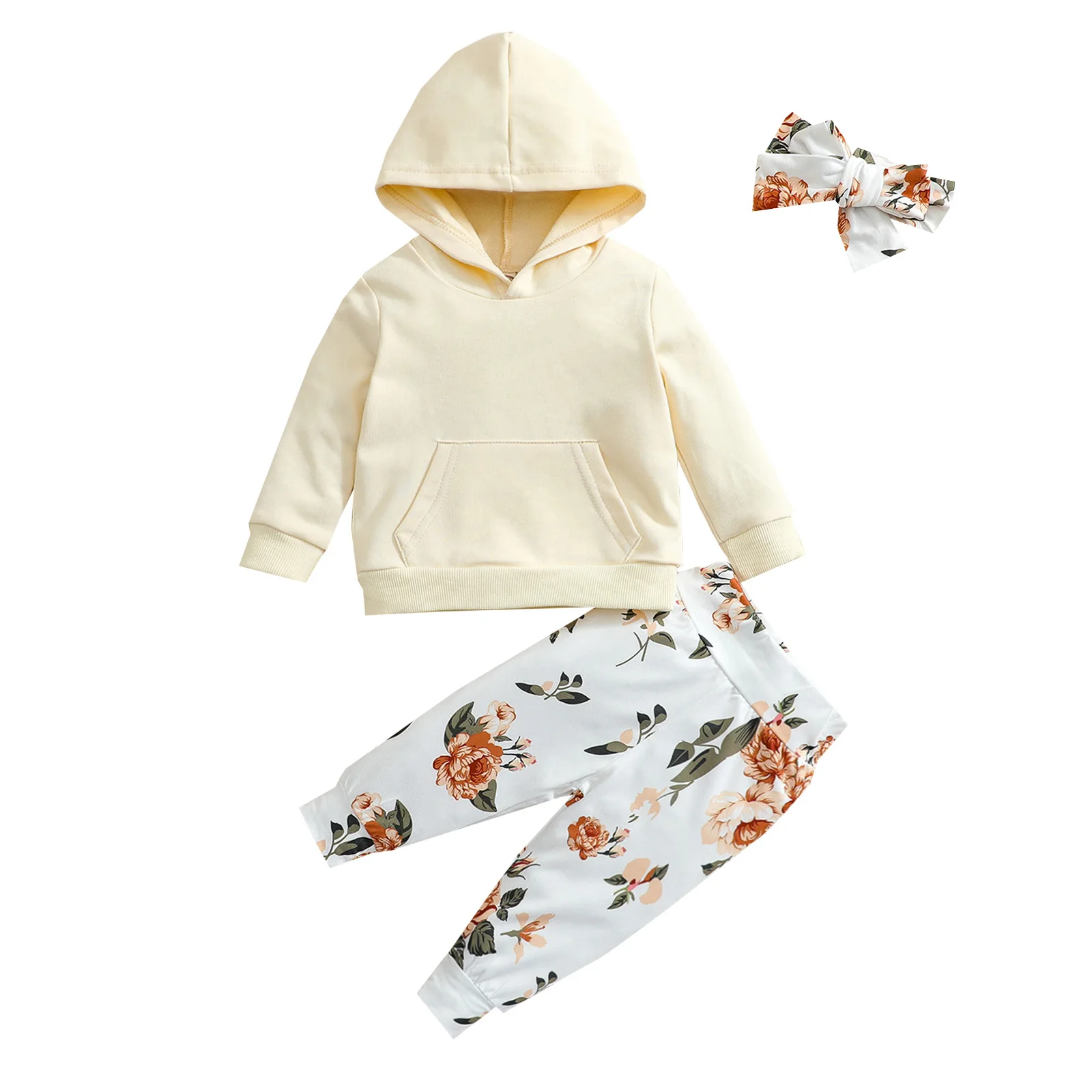 Baby Girls Clothes Set, Solid Color Long Sleeve Hooded Tops+Floral Print Trousers+Bow-knot Headband
Baby Girls Clothes Set, Solid Color Long Sleeve Hooded Tops+Floral Print Trousers+Bow-knot Headband