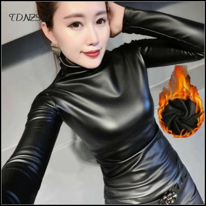 Winter High Neck PU Leather Tops Women Fashion O-neck Long Sleeve Turtleneck T-shirts Plus Fleece Warm Pullovers Stretch 4xl New
Winter High Neck PU Leather Tops Women Fashion O-neck Long Sleeve Turtleneck T-shirts Plus Fleece Warm Pullovers Stretch 4xl New