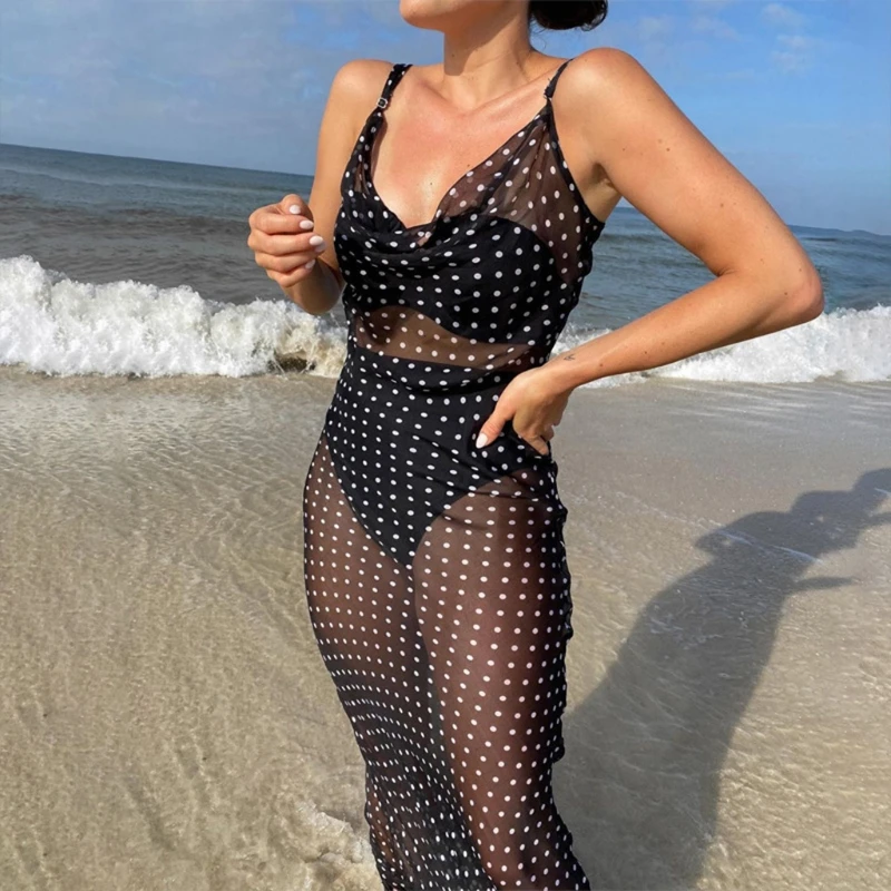 Womens Sexy Spaghetti Strap Sheer Mesh Maxi Long Dress Vintage Polka Dot Print Lace-Up Backless Flared Beach Swimwear Cover
Womens Sexy Spaghetti Strap Sheer Mesh Maxi Long Dress Vintage Polka Dot Print Lace-Up Backless Flared Beach Swimwear Cover
