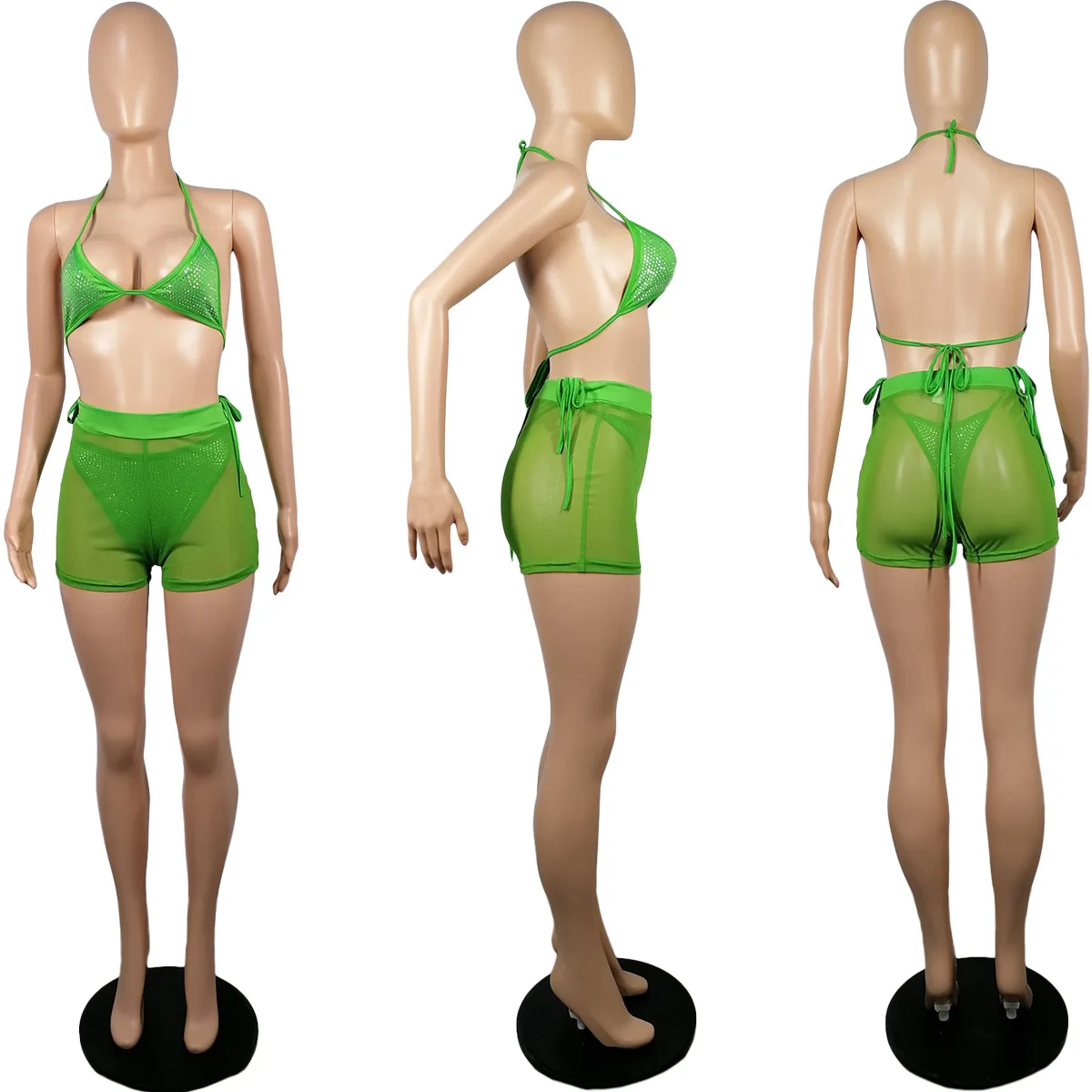 Adogirl Summer Beachwear Mesh Two Piece Sets Women Holiday Vacation Bikini Top + See Through Shorts Matching Set Plus Size