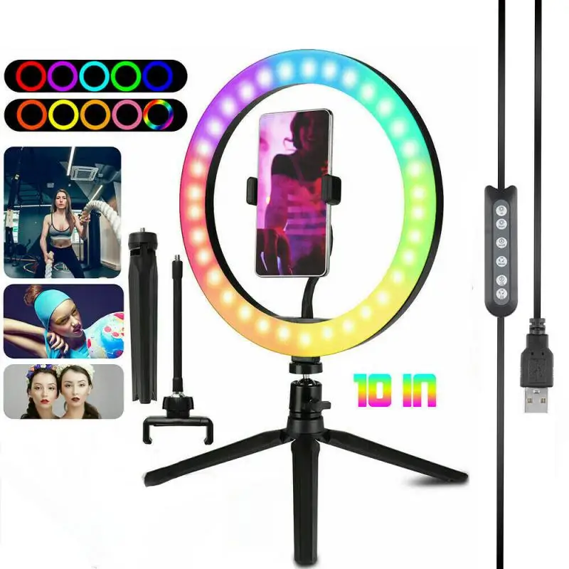 RGB Dimmable LED Ring Light with Tripods Stand Kit Phone Holder Desk USB Selfie Light Ring Lamp for Makeup Youtube TikTok Vlog
RGB Dimmable LED Ring Light with Tripods Stand Kit Phone Holder Desk USB Selfie Light Ring Lamp for Makeup Youtube TikTok Vlog