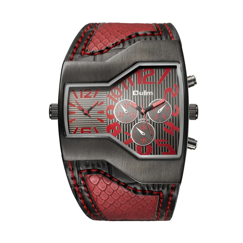 OULM Unique Design Man Quartz Wristwatch Erkek Kol Saati 2 Time Zone Watches Men Luxury Brand Wide Leather Strap Sports Watch 
OULM Unique Design Man Quartz Wristwatch Erkek Kol Saati 2 Time Zone Watches Men Luxury Brand Wide Leather Strap Sports Watch