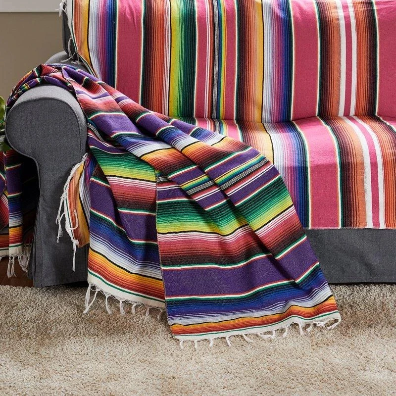 Мексиканское одеяло Serape дорожное Радужное пляжное в полоску s-коврик с кисточкой