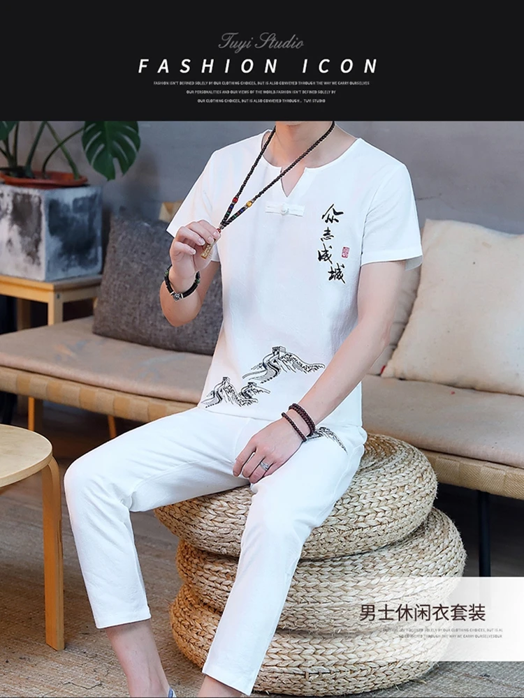 Embroidery landscape thin summer linen set cotton men T-shirt slim short-sleeved solid color casual large size pants
Embroidery landscape thin summer linen set cotton men T-shirt slim short-sleeved solid color casual large size pants