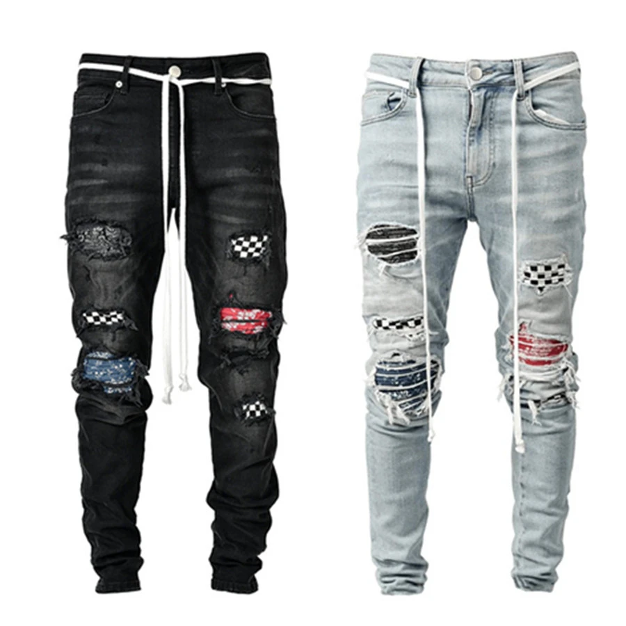 Men's Patchwork Embroidery Skinny Locomotive Jeans broken Hole Mid Waist Elasticity Pure Color jogging Movement Pencil Pants
Men's Patchwork Embroidery Skinny Locomotive Jeans broken Hole Mid Waist Elasticity Pure Color jogging Movement Pencil Pants