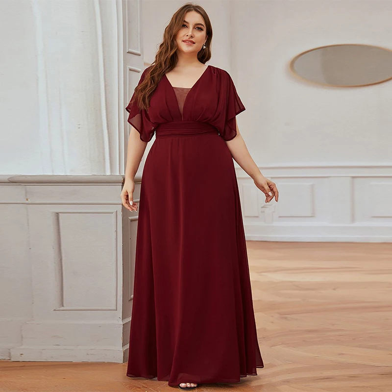 

Evening Dress Burgundy Simple V-Neck A-Line Empire Ruched Short Sleeves Floor-Length Elegant Plus Size Women Formal Gowns D998