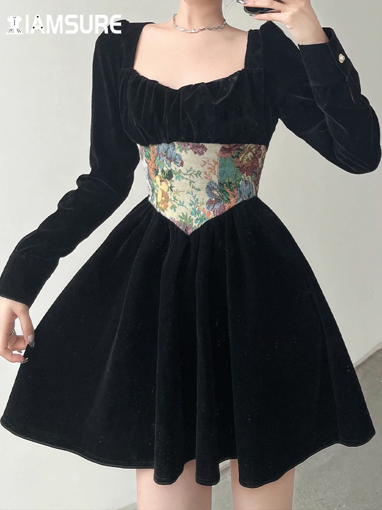 IAMSURE Vintage Patchwork Velvet A-Line Dress Elegant Fashion Square Collar Long Sleeve Mini Dresses For Women Spring Autumn
IAMSURE Vintage Patchwork Velvet A-Line Dress Elegant Fashion Square Collar Long Sleeve Mini Dresses For Women Spring Autumn