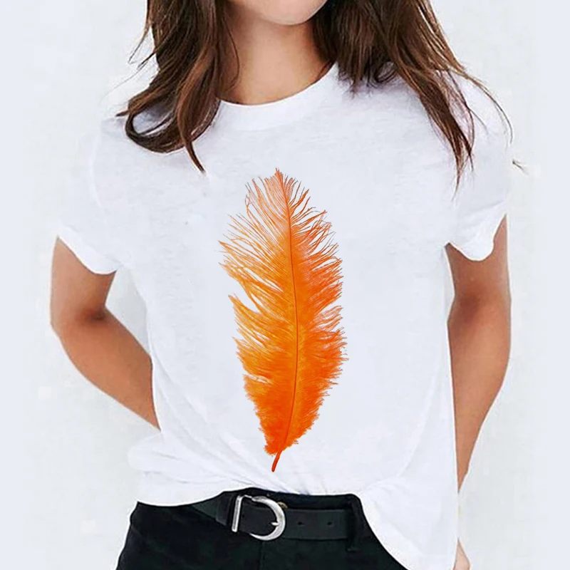 Summer Simple Fashion Women T-shirt Feather Print White Round Neck Short Sleeve Casual Female Tshirt
Summer Simple Fashion Women T-shirt Feather Print White Round Neck Short Sleeve Casual Female Tshirt