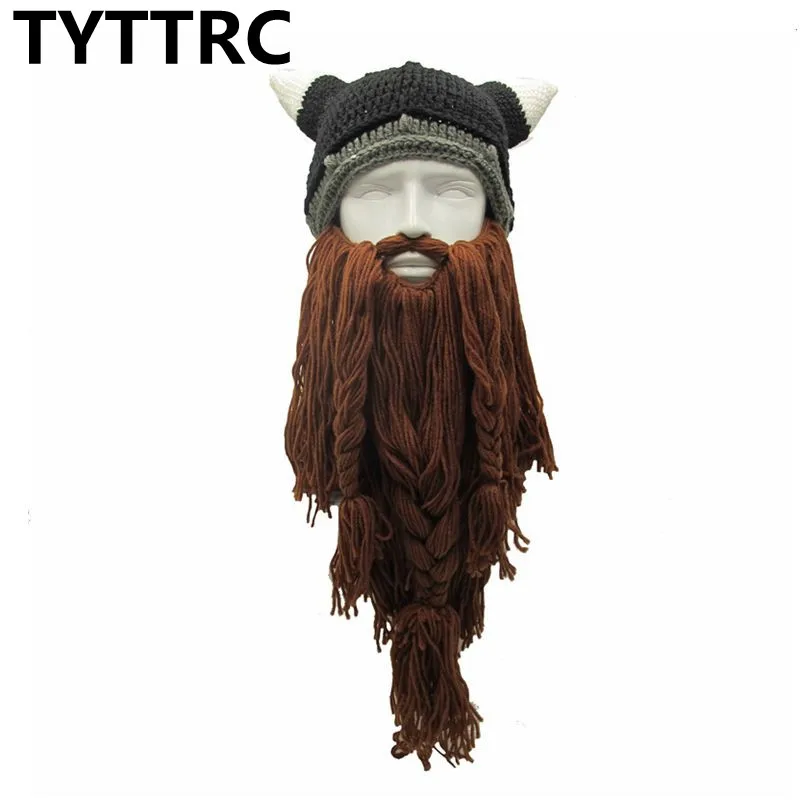 

Men's Barbarian Vagabond Viking Beard Beanie Horn Hats Handmade Winter Warm Birthday Cool Gifts Funny Gag Halloween Hip Hop Cap
