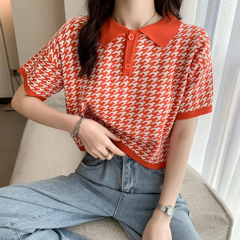 Summer Tshirt Short Sleeve Pullovers Houndstooth Plaid Knitted T Shirts Women Button Crop Top Shirts Korean Tee Tops Harajuku
Summer Tshirt Short Sleeve Pullovers Houndstooth Plaid Knitted T Shirts Women Button Crop Top Shirts Korean Tee Tops Harajuku
