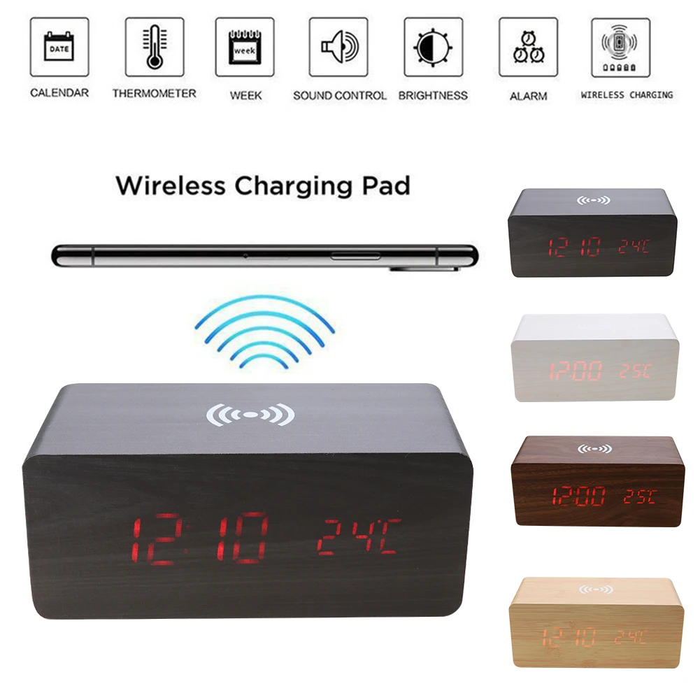 Smart Electronics Home Wooden LED Alarm Clock With Qi Wireless Charging Pad Sound Control Charger Automation Modules
Smart Electronics Home Wooden LED Alarm Clock With Qi Wireless Charging Pad Sound Control Charger Automation Modules