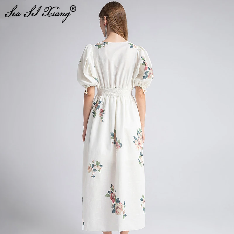 SEASIXIANG Fashion Designer Autumn Women's Dress Elegant Floral Print V-Neck Puff Sleeve Elastic Waist Dresses
SEASIXIANG Fashion Designer Autumn Women's Dress Elegant Floral Print V-Neck Puff Sleeve Elastic Waist Dresses