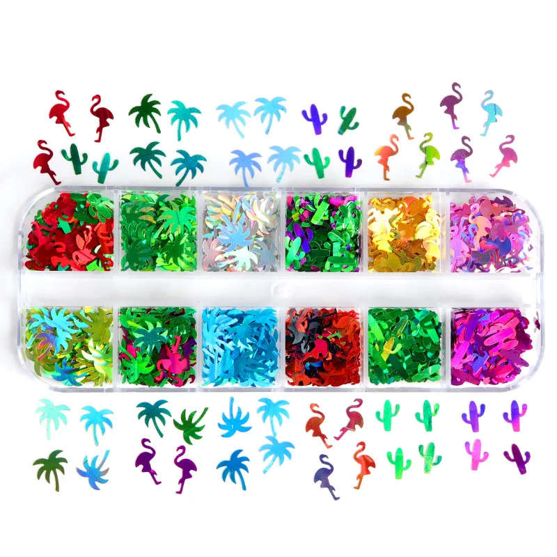 12 Grid Holographic Nail Art Sequins Flamingo Palm Tree Cactus Colorful Glitter Flakes Paillette Charms Design Nails Accessories
12 Grid Holographic Nail Art Sequins Flamingo Palm Tree Cactus Colorful Glitter Flakes Paillette Charms Design Nails Accessories