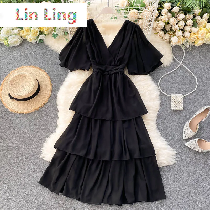 LinLing Korean Ruffle Cake Dress Women 2021 New Summer Flare Sleeve Robe Elegant Solid Party Vestidos Sexy Backless Dresses
LinLing Korean Ruffle Cake Dress Women 2021 New Summer Flare Sleeve Robe Elegant Solid Party Vestidos Sexy Backless Dresses