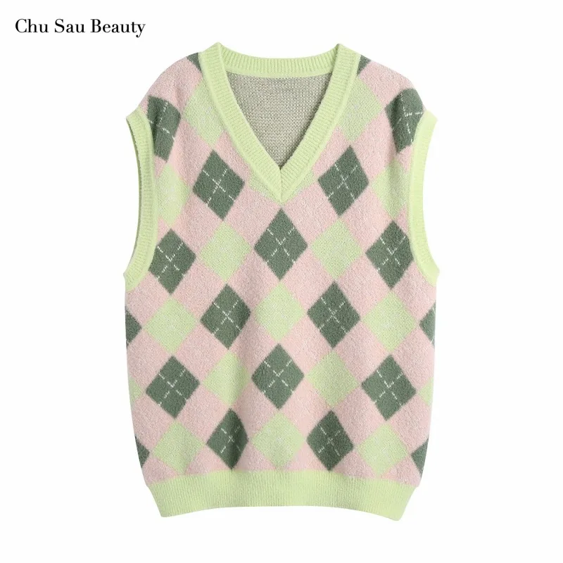 Chu Sau Beauty ZA 2021 Autumn Women's Diamond Pattern Knitted Vest Retro Contrast Color V-Neck Vest Sleeveless Knitted Sweater
Chu Sau Beauty ZA 2021 Autumn Women's Diamond Pattern Knitted Vest Retro Contrast Color V-Neck Vest Sleeveless Knitted Sweater