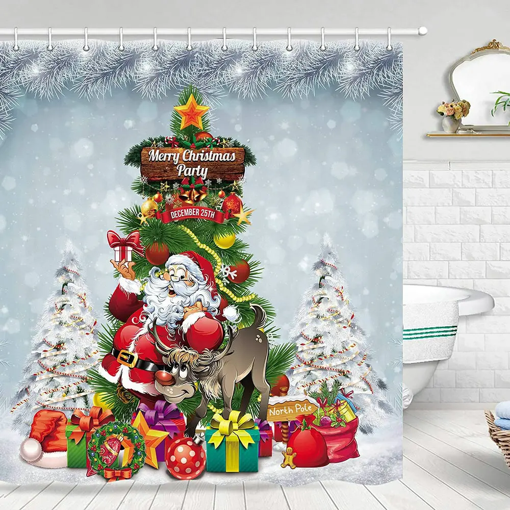 

Xmas Tree Shower Curtain Santa Claus Snowman Reindeer Snow Snowflake Merry Christmas Bathroom Decor With Hooks Polyester Screen