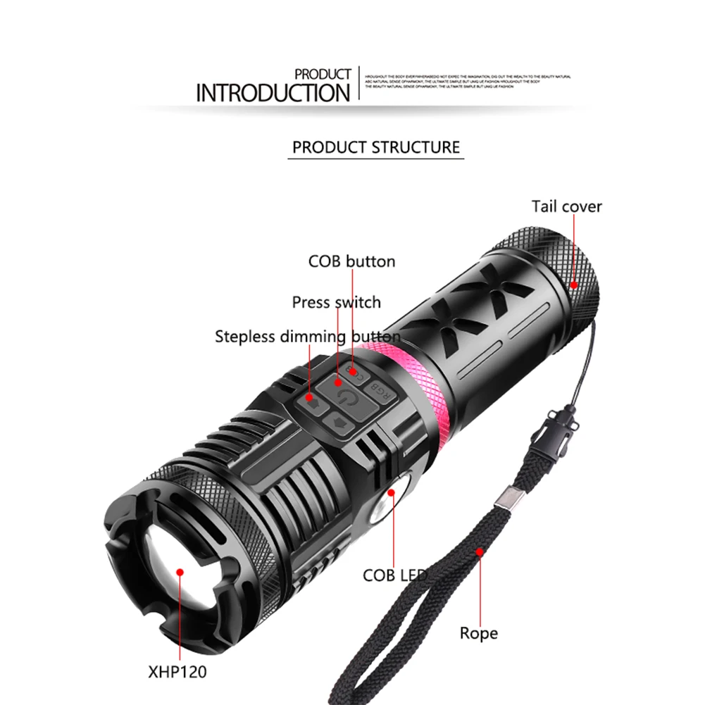 Bright XHP120 Powerful Flashlight Waterproof Rechargeable COB Red Blue Green LED Hunting Hand Lamp USB Torch Zoom Flash Light
Bright XHP120 Powerful Flashlight Waterproof Rechargeable COB Red Blue Green LED Hunting Hand Lamp USB Torch Zoom Flash Light