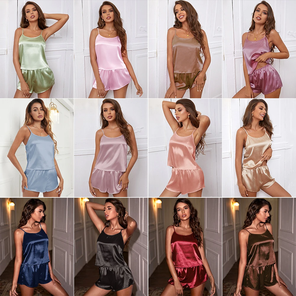 

Sexy Sleepwear for Women Satin Pajama Set V-Neck Silky Nightwear Pyjamas Sleeveless Camisole + Shorts Nightgown Female Homewear