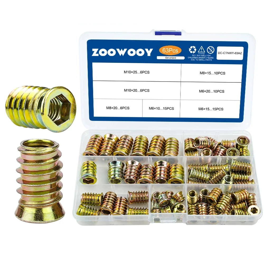 63pcs Wood Insert Nuts M6 M8 M10 Hexagon Wood Threaded Inserts Galvanized Carbon Steel Furniture Screw in Nut Connector
63pcs Wood Insert Nuts M6 M8 M10 Hexagon Wood Threaded Inserts Galvanized Carbon Steel Furniture Screw in Nut Connector