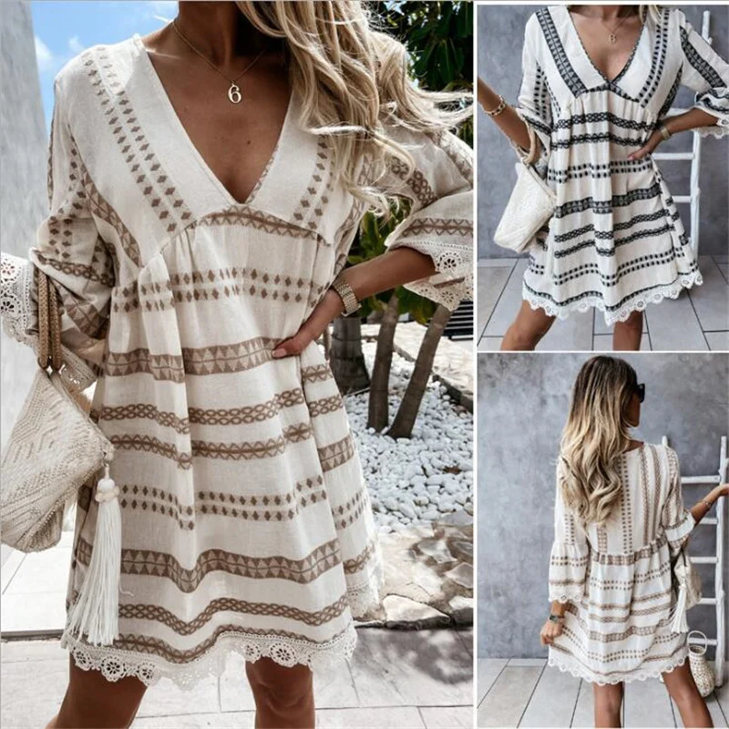 2021 Express Selling European and American Summer Clothes New Female Lace Splicing V-neck Loose Dress 
2021 Express Selling European and American Summer Clothes New Female Lace Splicing V-neck Loose Dress