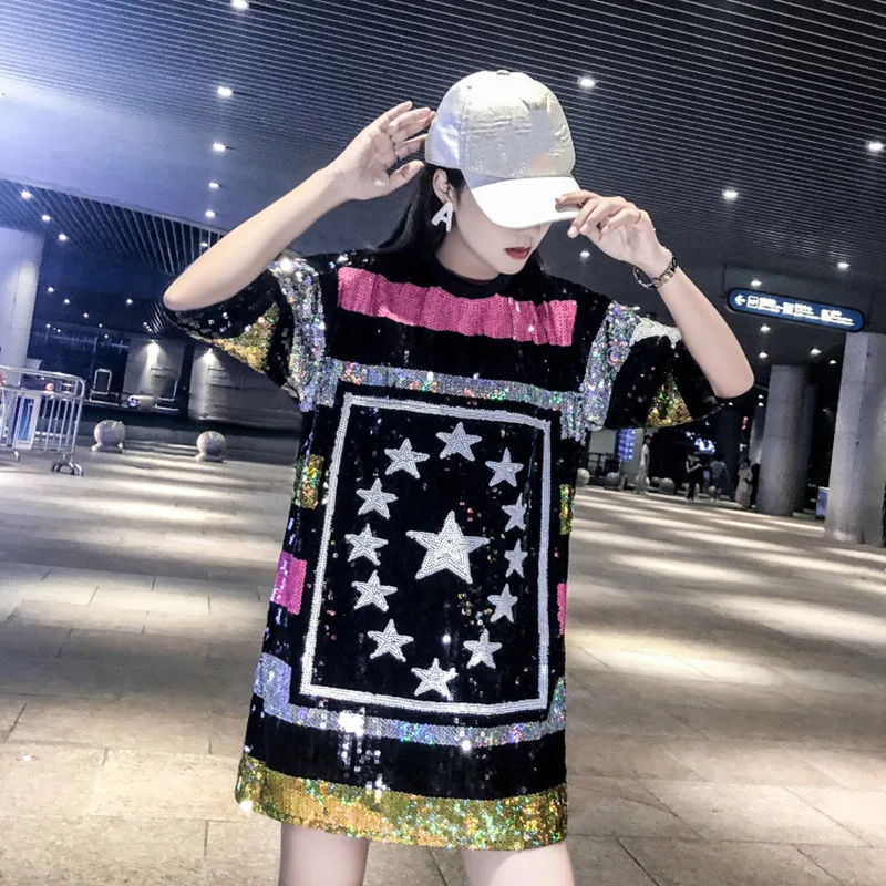 Plus Size Geometric Print Loose Hip-Hop Streetwear New Summer Women Korean Tops Round Neck Sequins Bling Oversized T-Shirts
Plus Size Geometric Print Loose Hip-Hop Streetwear New Summer Women Korean Tops Round Neck Sequins Bling Oversized T-Shirts