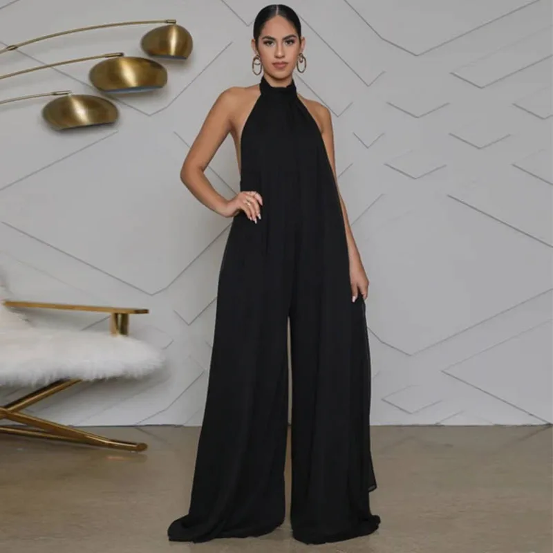 Halter Sleeveless High Waist Chiffon Jumpsuit Summer Women Wide Leg Playsuits 2021 Elegant Loose Indie Open Back Pleated Rompers 
Halter Sleeveless High Waist Chiffon Jumpsuit Summer Women Wide Leg Playsuits 2021 Elegant Loose Indie Open Back Pleated Rompers