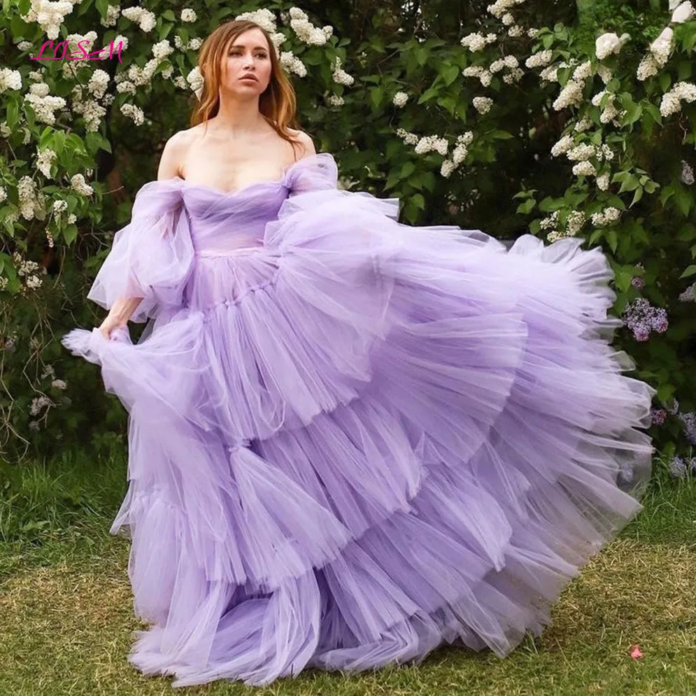 Lavender Long Puffy Sleeves Prom Dresses Off The Shoulder Tiered Skirt Evening Gowns Lace Up Women Formal Party Dress
Lavender Long Puffy Sleeves Prom Dresses Off The Shoulder Tiered Skirt Evening Gowns Lace Up Women Formal Party Dress