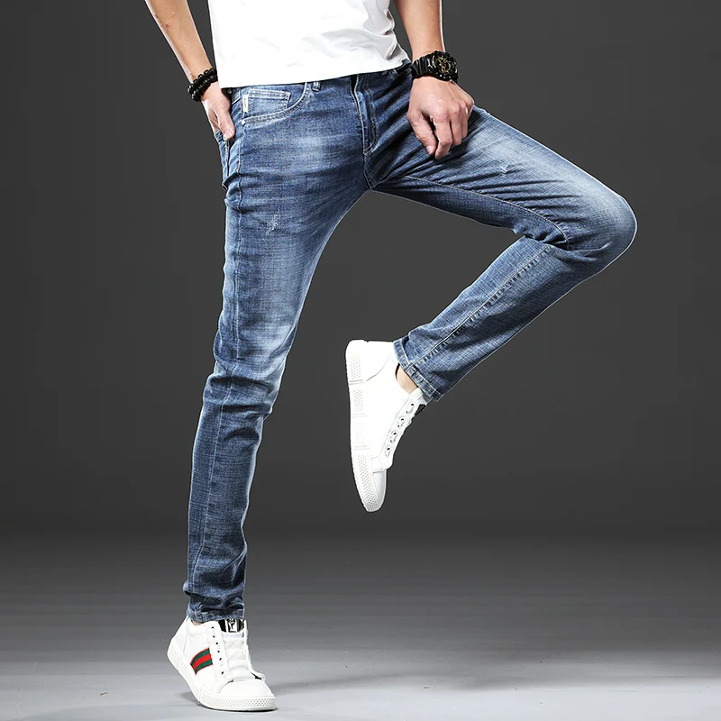 

Джинсы мужские узкие, брендовые облегающие джоггеры из денима, эластичные джинсовые брюки-карандаш, синие модные повседневные