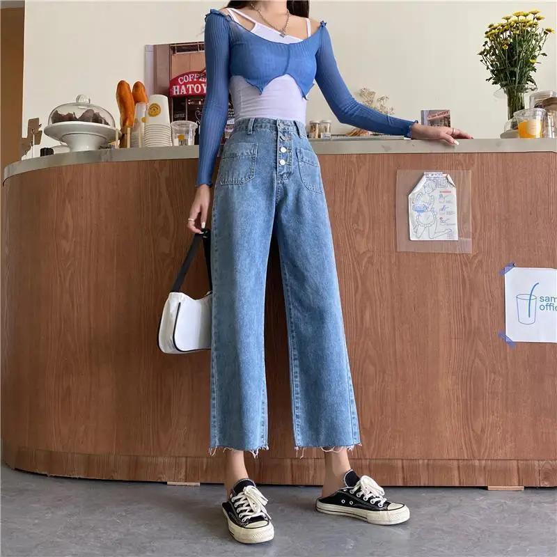 Breasted Korean student jeans women's spring and autumn high waist SLIM STRAIGHT Capris loose wide leg pants
Breasted Korean student jeans women's spring and autumn high waist SLIM STRAIGHT Capris loose wide leg pants