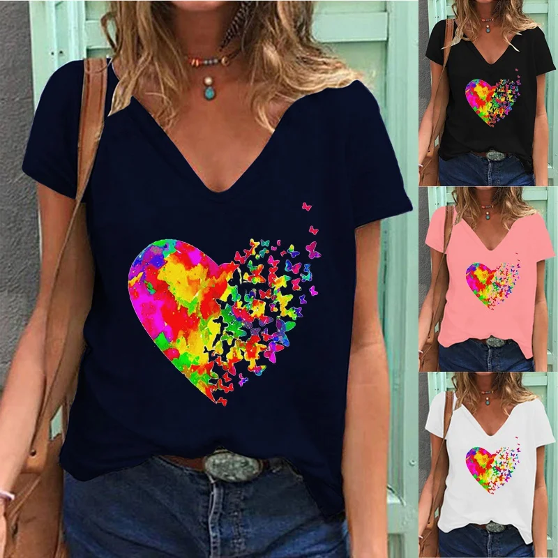 Summer Fashion Womens Clothing Heart Butterfly Printed Casual V-neck T-shirt Short Sleeve Tops Ladies Plus Size Blouse
Summer Fashion Womens Clothing Heart Butterfly Printed Casual V-neck T-shirt Short Sleeve Tops Ladies Plus Size Blouse